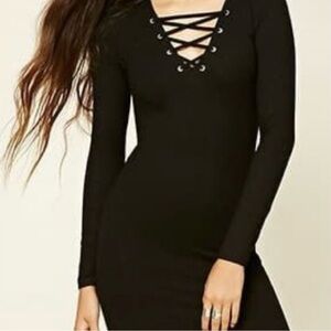 Forever 21‎ Black Knit Criss Cross Tie Front Long Sleeve Mini Dress